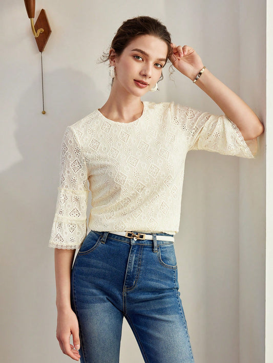 CM-TS005051 Women Casual Seoul Style Round Neck Bell Sleeve Schiffy Tee - Yellow