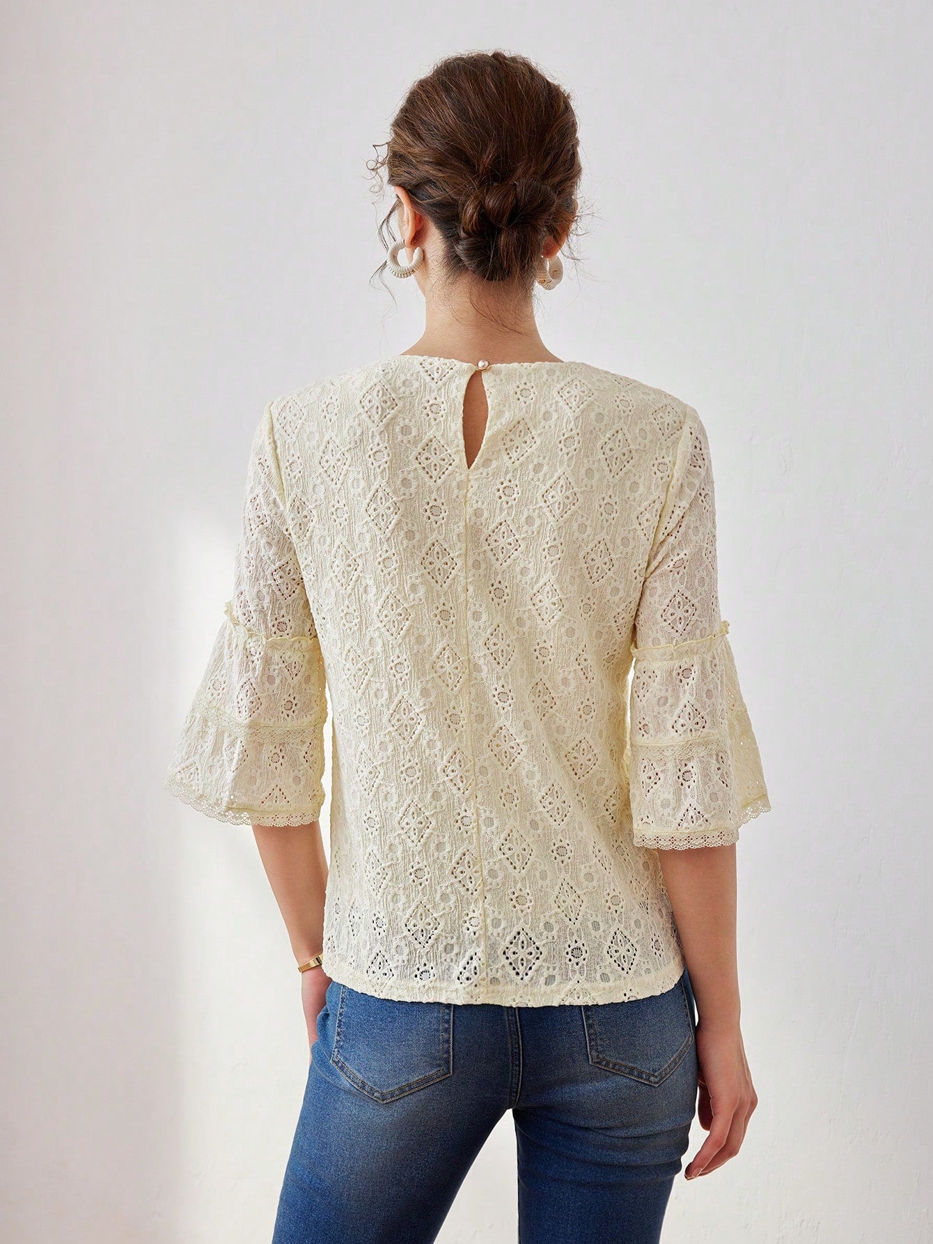 CM-TS005051 Women Casual Seoul Style Round Neck Bell Sleeve Schiffy Tee - Yellow