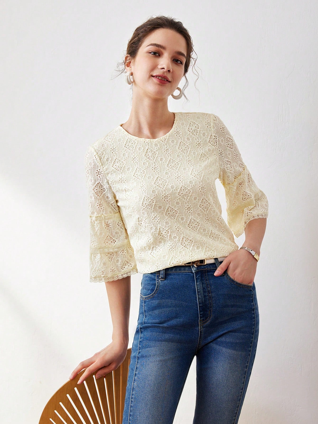 CM-TS005051 Women Casual Seoul Style Round Neck Bell Sleeve Schiffy Tee - Yellow