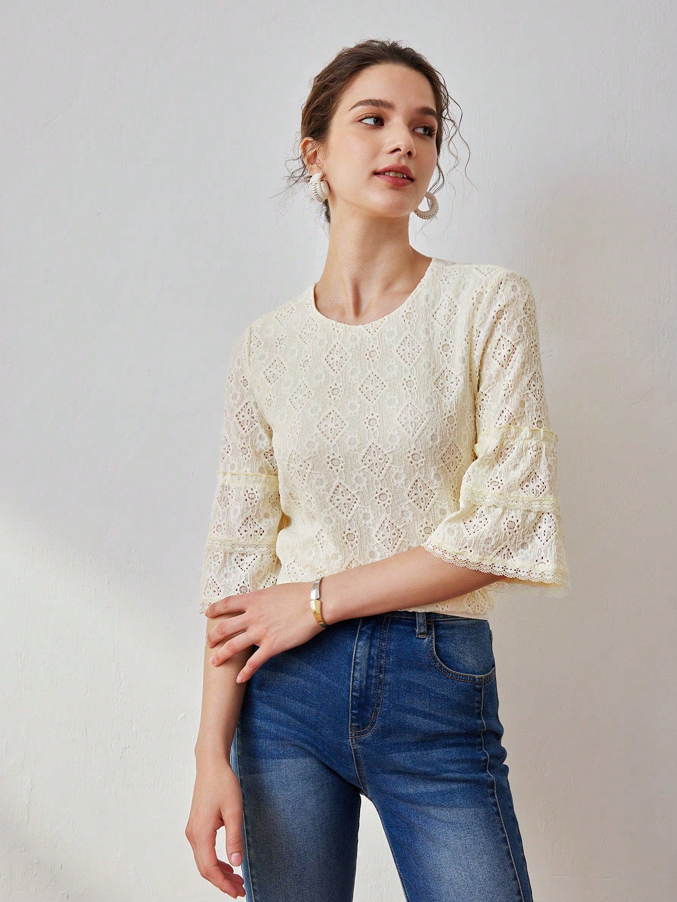 CM-TS005051 Women Casual Seoul Style Round Neck Bell Sleeve Schiffy Tee - Yellow