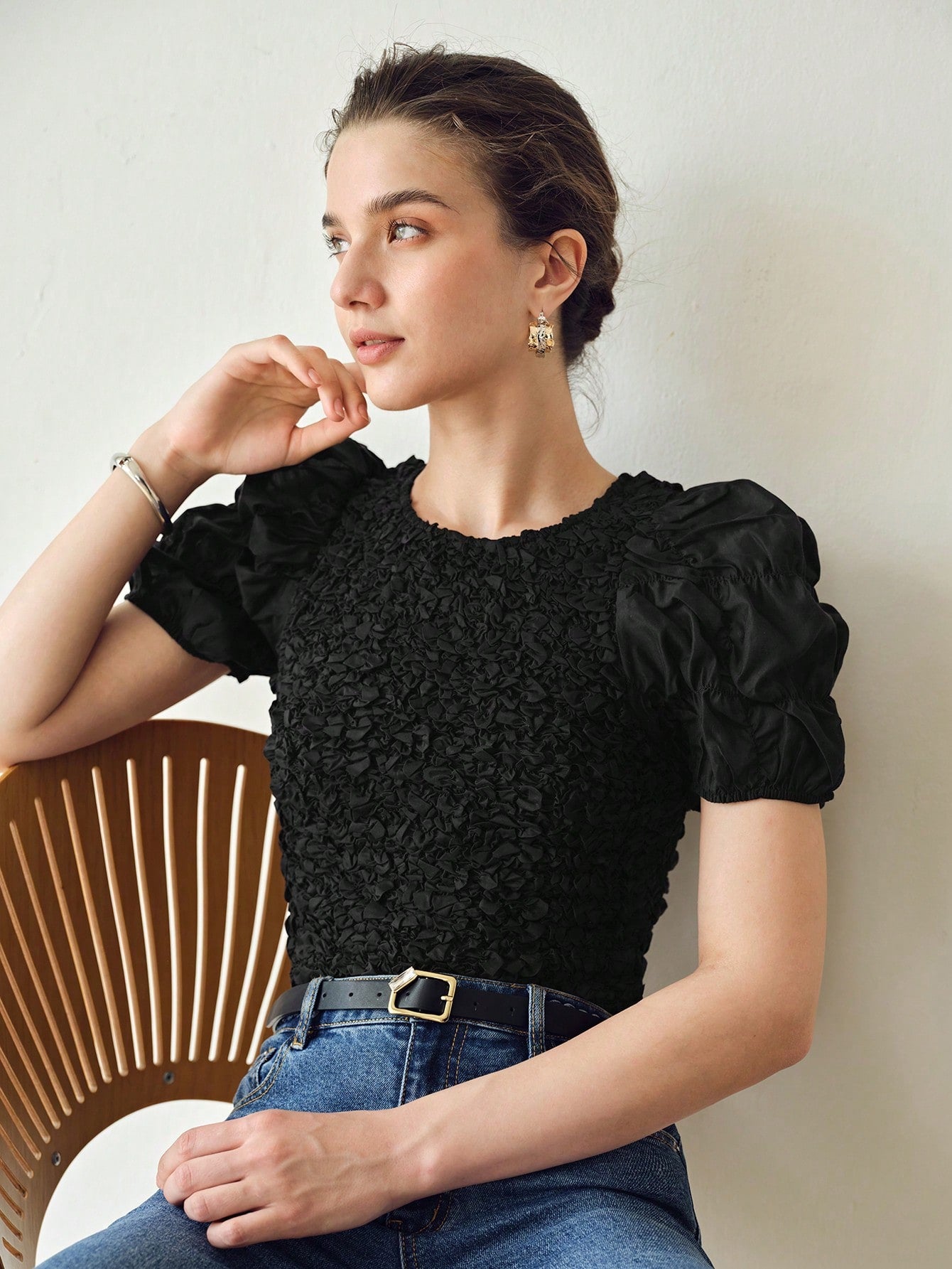 CM-TS471057 Women Casual Seoul Style Round Neck Puff Sleeve Textured Blouse - Black