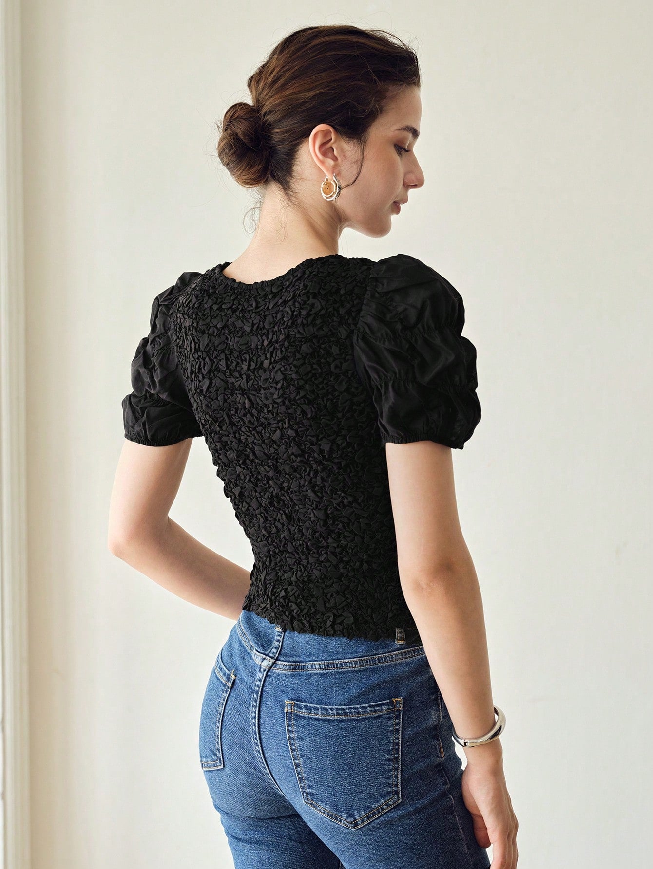 CM-TS471057 Women Casual Seoul Style Round Neck Puff Sleeve Textured Blouse - Black