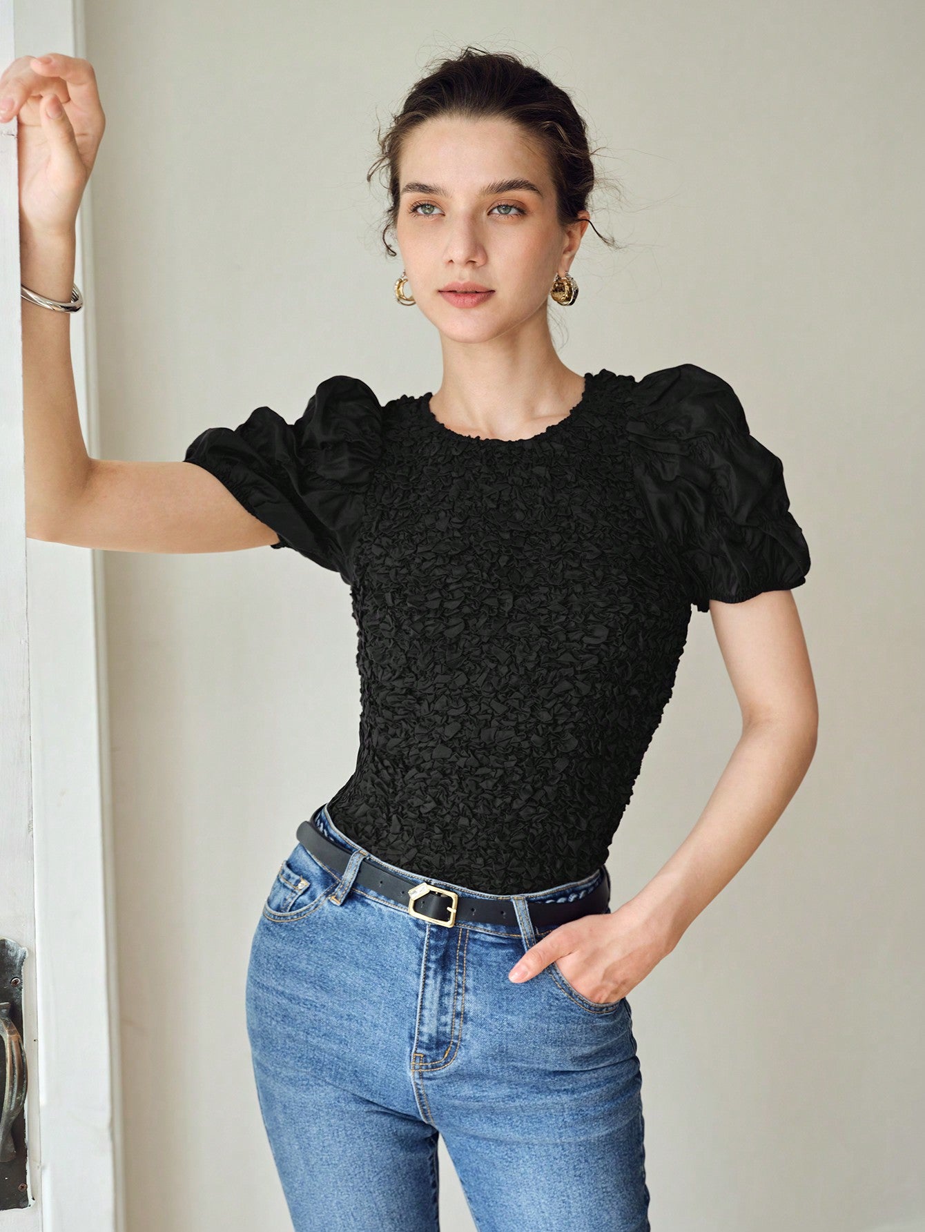 CM-TS471057 Women Casual Seoul Style Round Neck Puff Sleeve Textured Blouse - Black