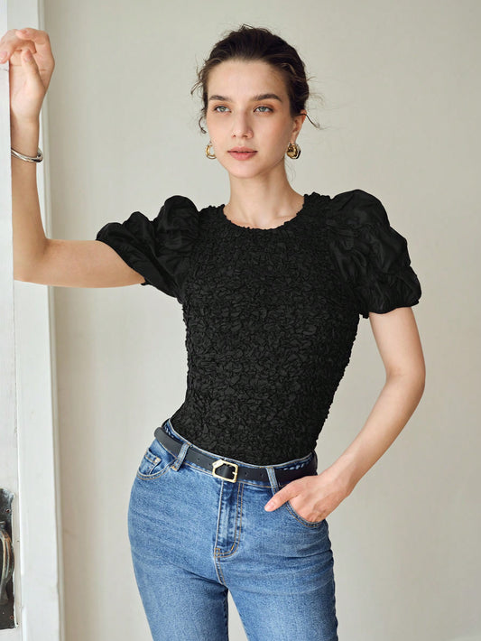 CM-TS471057 Women Casual Seoul Style Round Neck Puff Sleeve Textured Blouse - Black