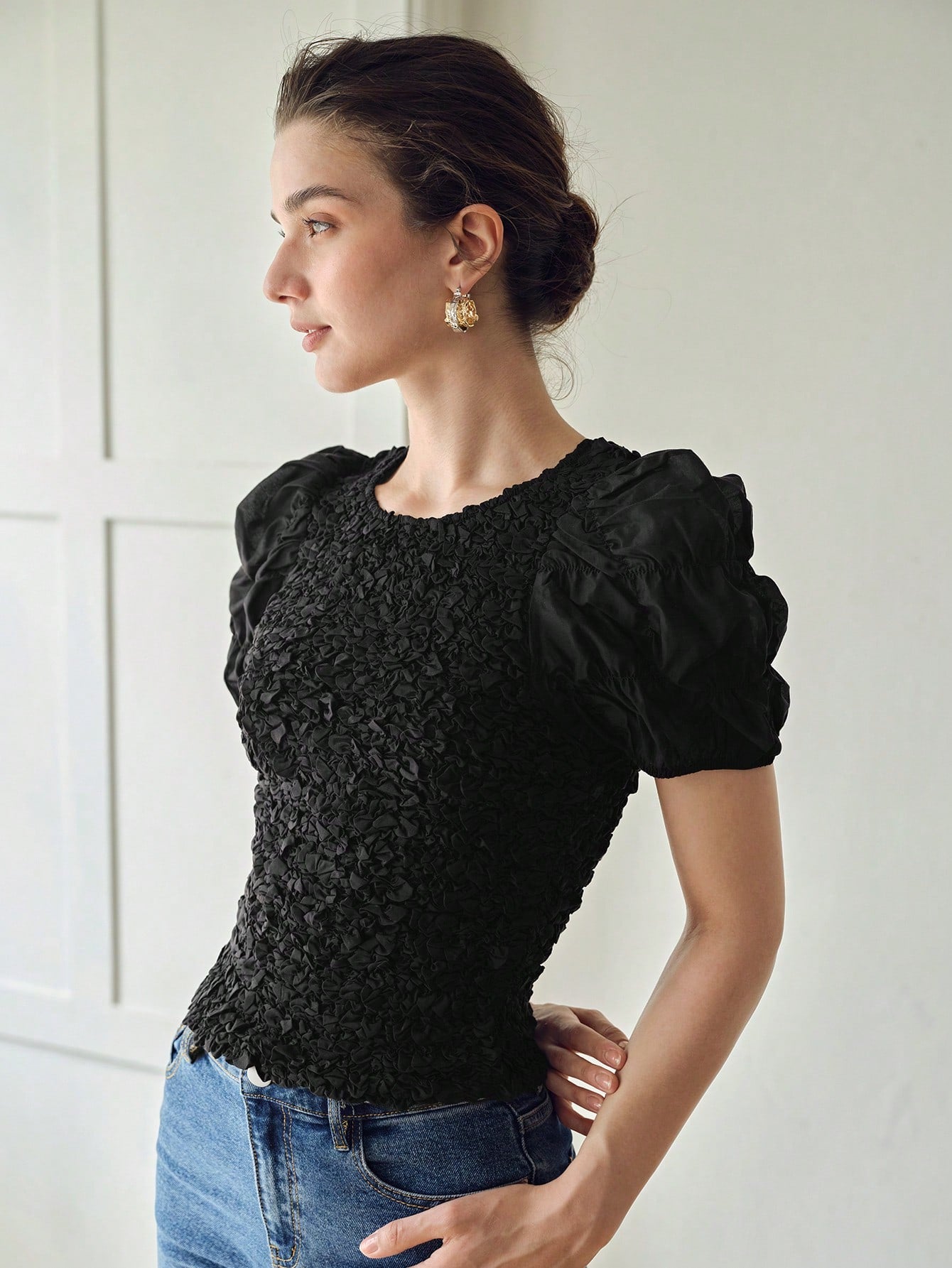 CM-TS471057 Women Casual Seoul Style Round Neck Puff Sleeve Textured Blouse - Black