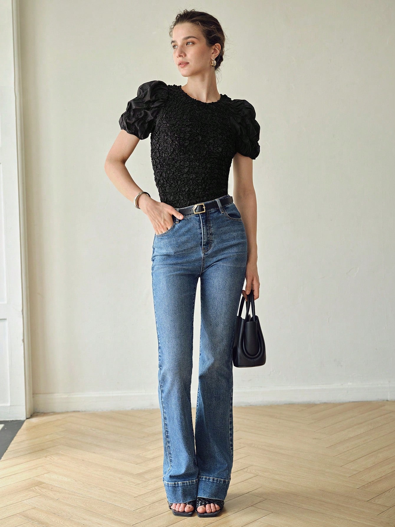 CM-TS471057 Women Casual Seoul Style Round Neck Puff Sleeve Textured Blouse - Black