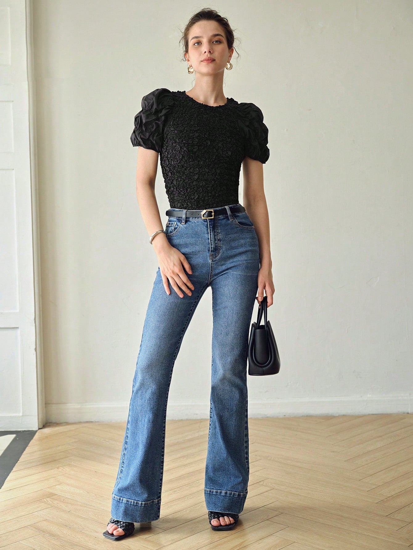 CM-TS471057 Women Casual Seoul Style Round Neck Puff Sleeve Textured Blouse - Black