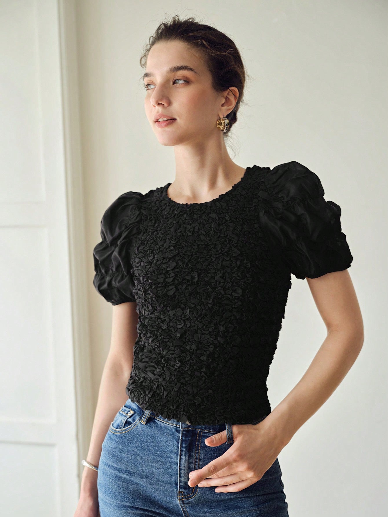 CM-TS471057 Women Casual Seoul Style Round Neck Puff Sleeve Textured Blouse - Black