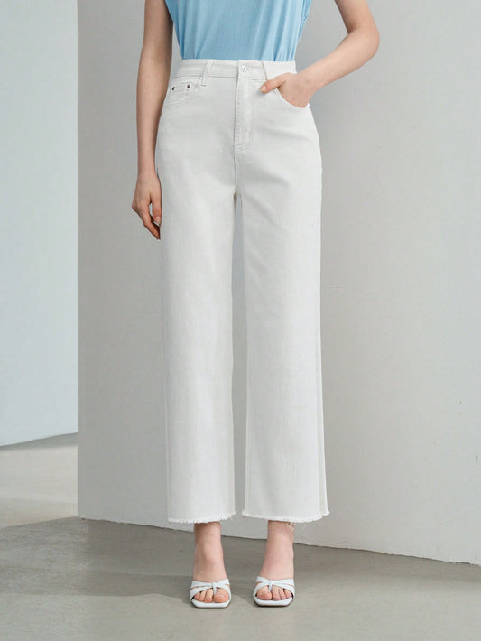 CM-BS577757 Women Casual Seoul Style Solid Raw Edge Mom Fit Straight Leg Jeans - White