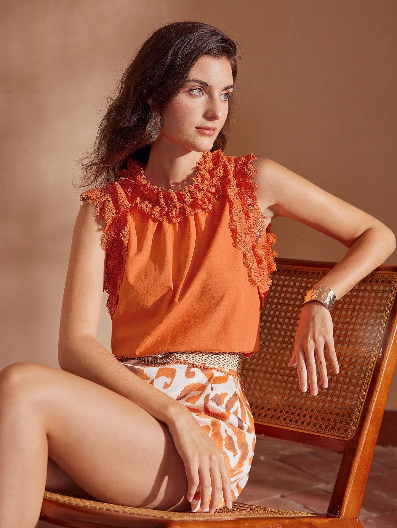 CM-TS813124 Women Elegant Seoul Style Stand Collar Lace Ruffle Trim Blouse - Coral Orange