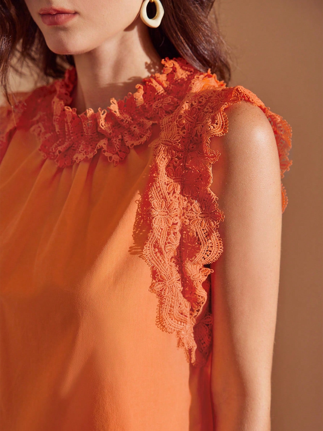CM-TS813124 Women Elegant Seoul Style Stand Collar Lace Ruffle Trim Blouse - Coral Orange