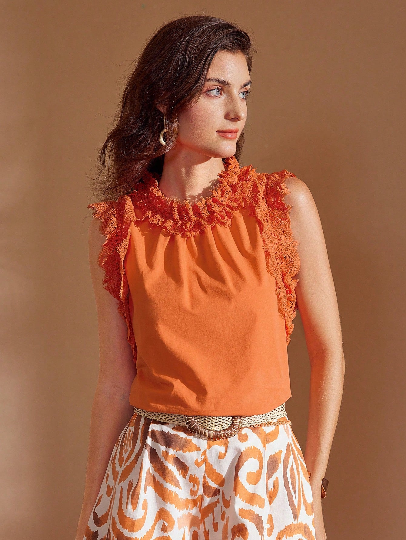 CM-TS813124 Women Elegant Seoul Style Stand Collar Lace Ruffle Trim Blouse - Coral Orange