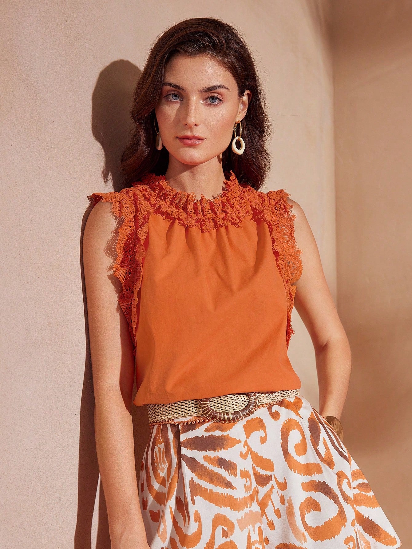 CM-TS813124 Women Elegant Seoul Style Stand Collar Lace Ruffle Trim Blouse - Coral Orange