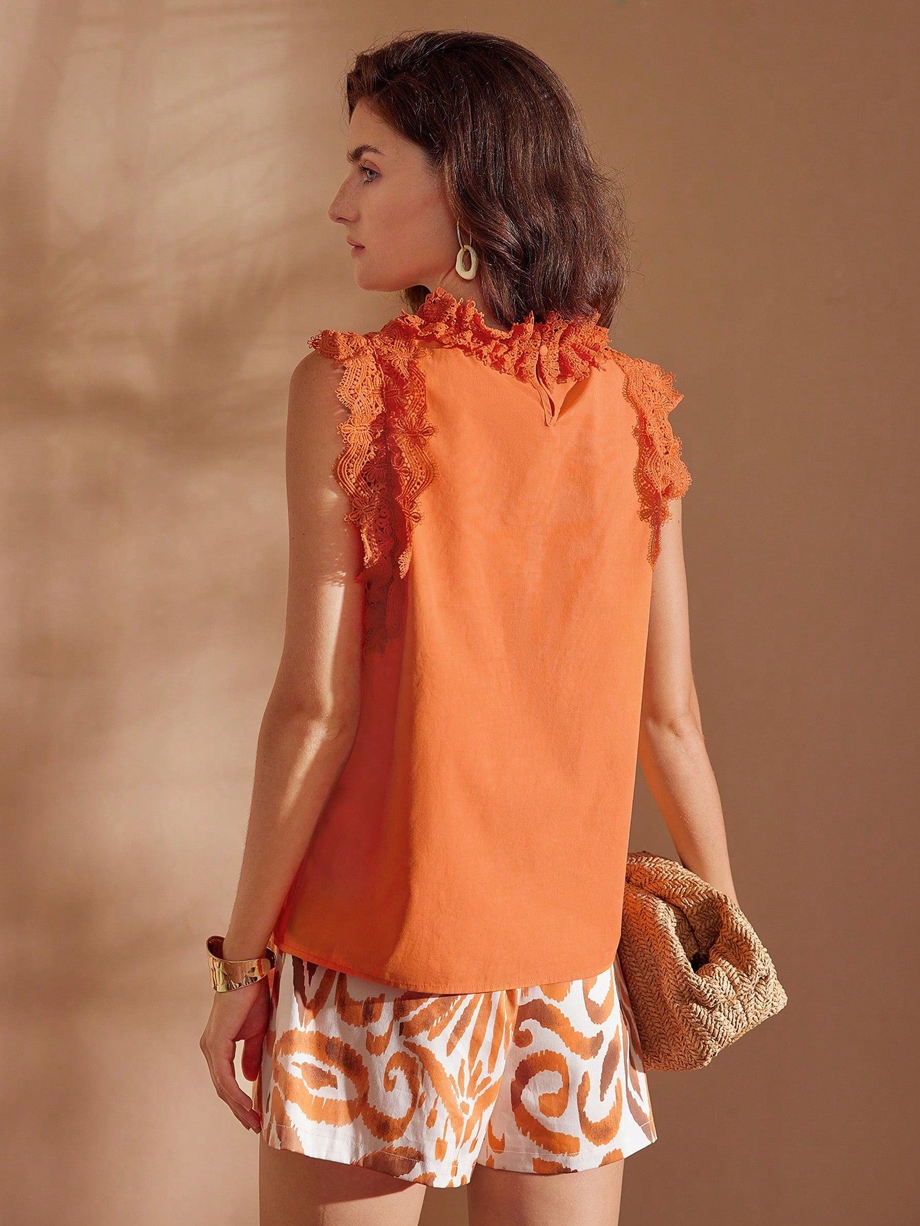 CM-TS813124 Women Elegant Seoul Style Stand Collar Lace Ruffle Trim Blouse - Coral Orange