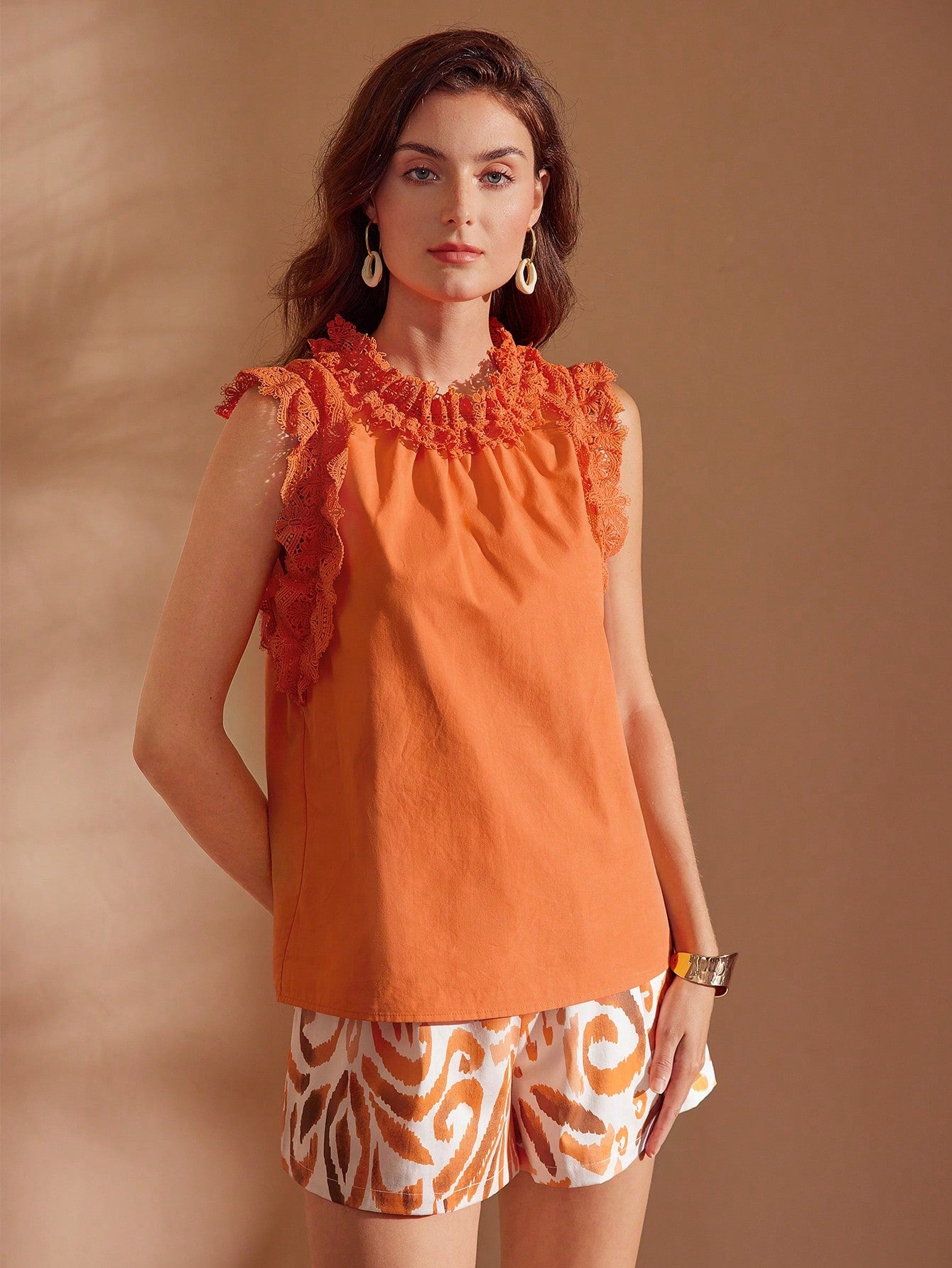 CM-TS813124 Women Elegant Seoul Style Stand Collar Lace Ruffle Trim Blouse - Coral Orange