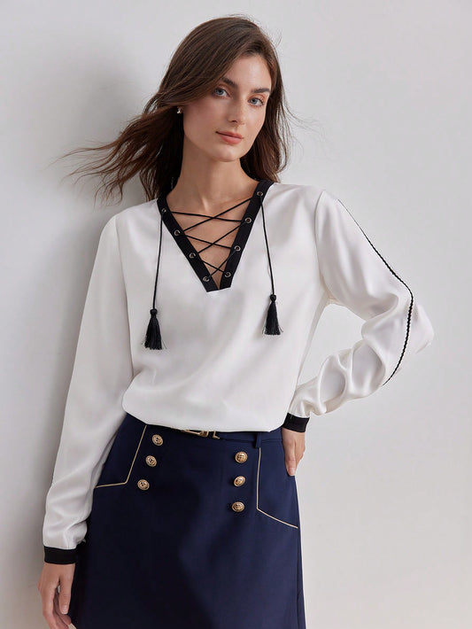 CM-TS448333 Women Elegant Seoul Style Contrast Piping Tassel Lace Up V-Neck Blouse