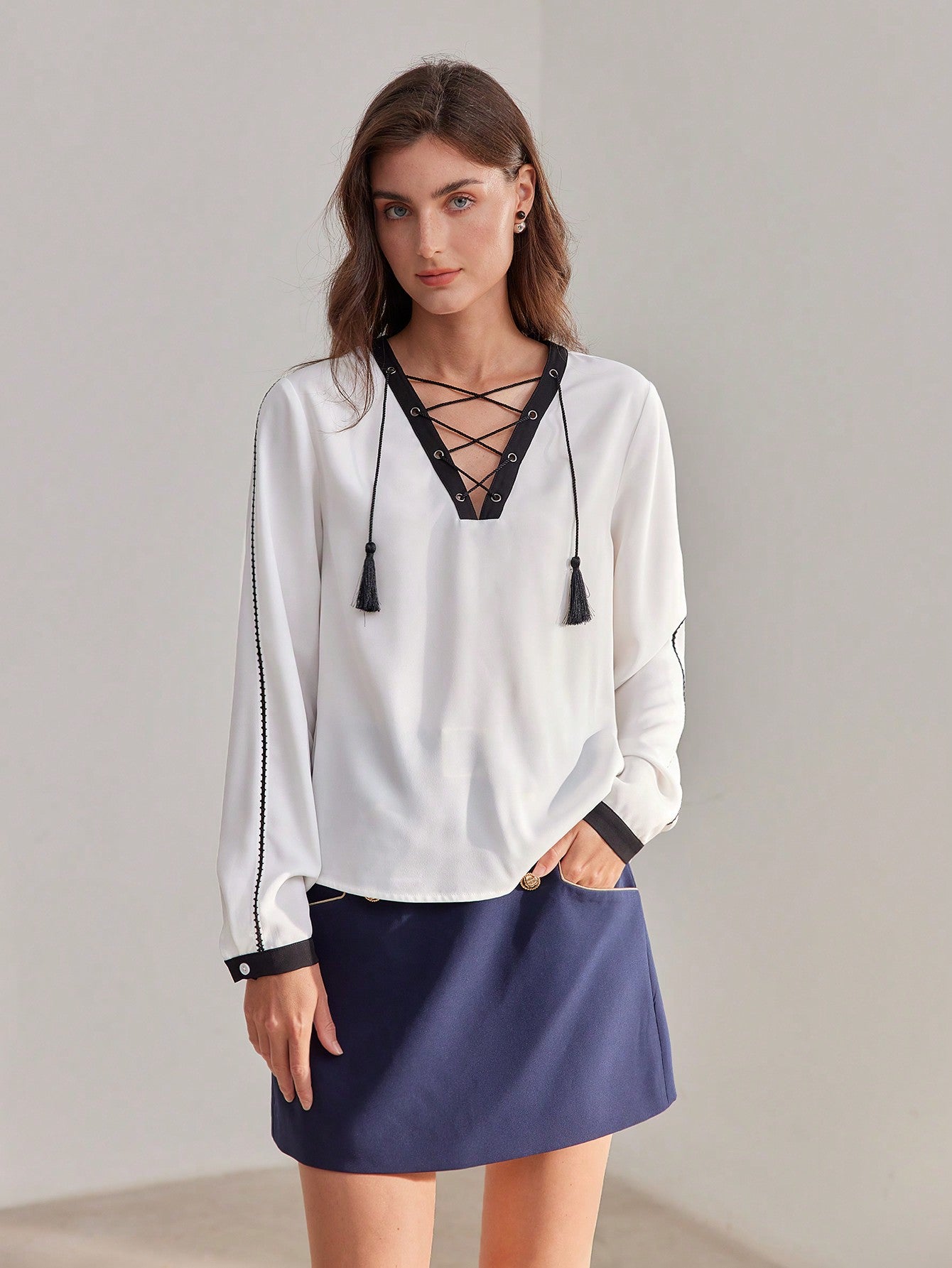 CM-TS448333 Women Elegant Seoul Style Contrast Piping Tassel Lace Up V-Neck Blouse