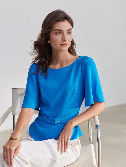 CM-TS317257 Women Elegant Seoul Style Boat Neck Flutter Sleeve Blouse - Blue