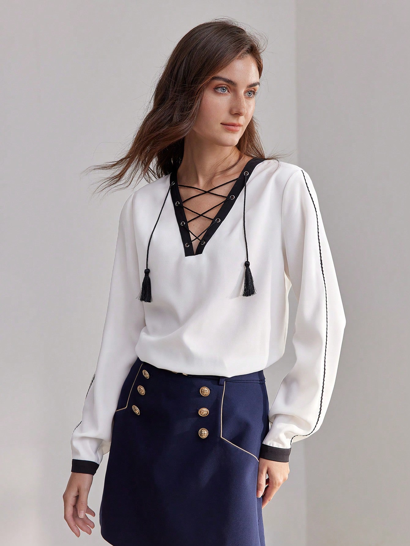 CM-TS448333 Women Elegant Seoul Style Contrast Piping Tassel Lace Up V-Neck Blouse