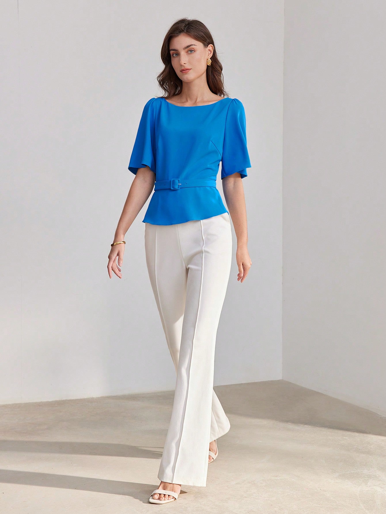 CM-TS317257 Women Elegant Seoul Style Boat Neck Flutter Sleeve Blouse - Blue