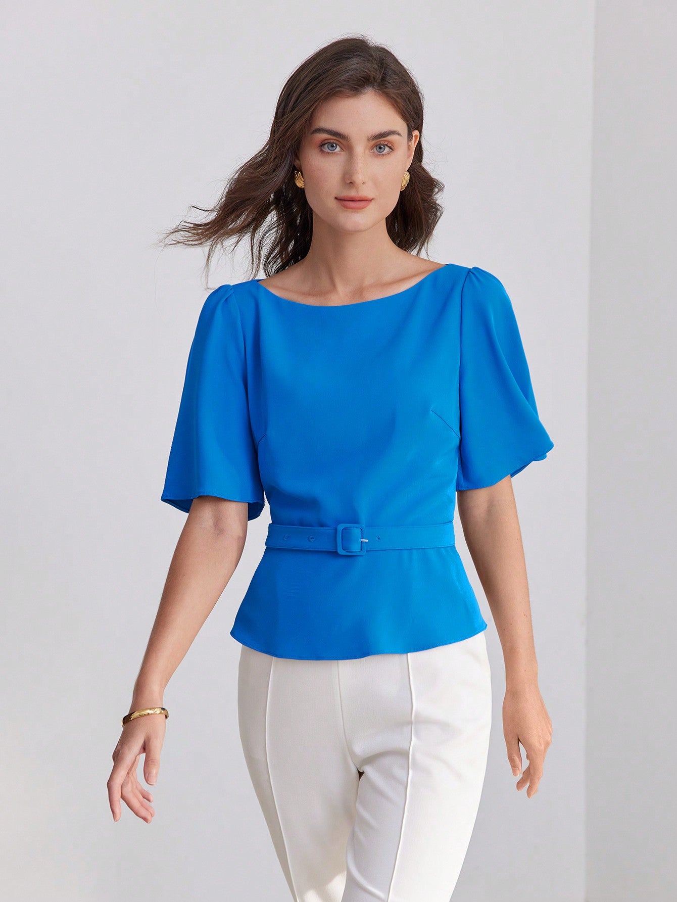 CM-TS317257 Women Elegant Seoul Style Boat Neck Flutter Sleeve Blouse - Blue