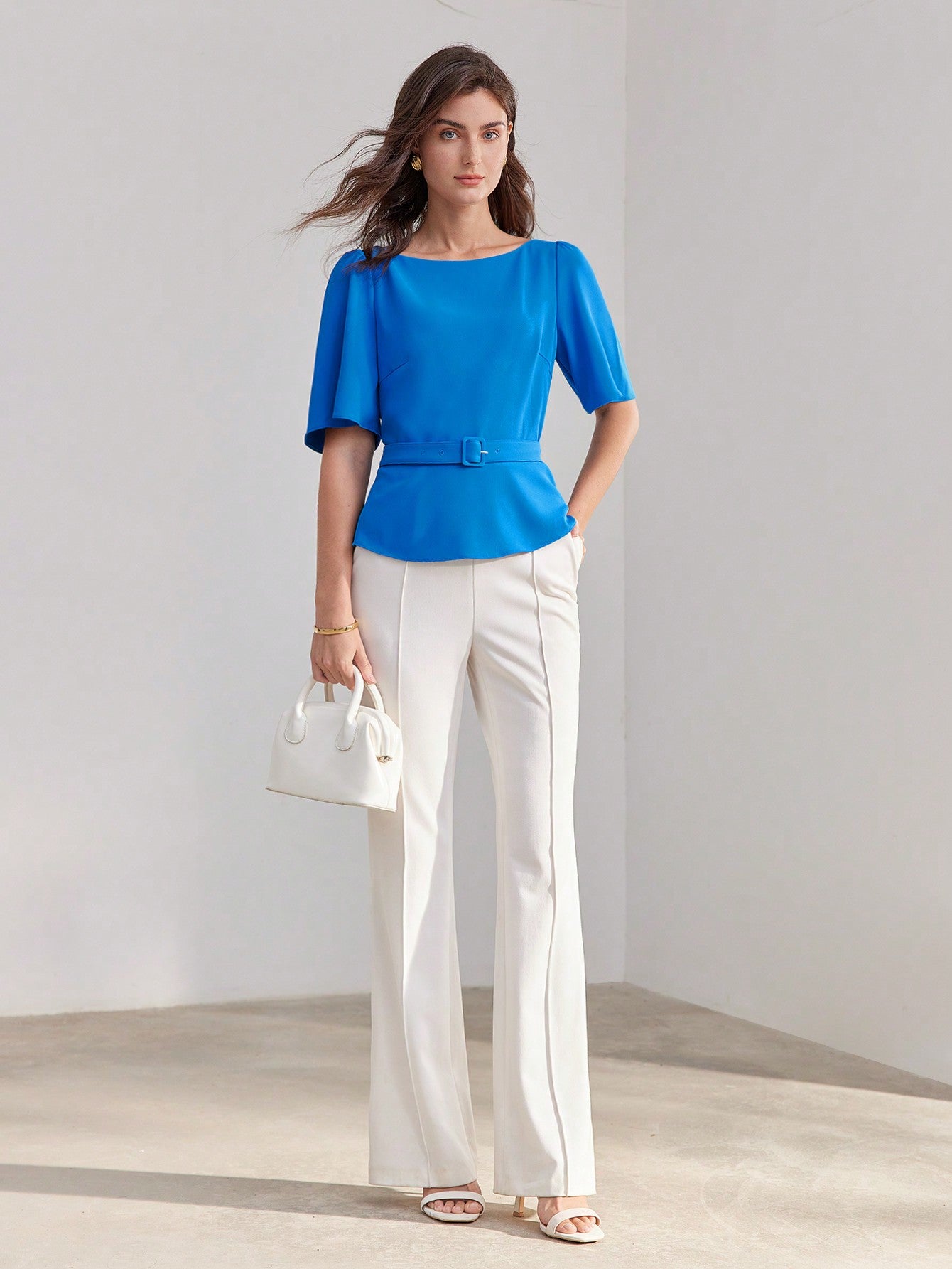 CM-TS317257 Women Elegant Seoul Style Boat Neck Flutter Sleeve Blouse - Blue