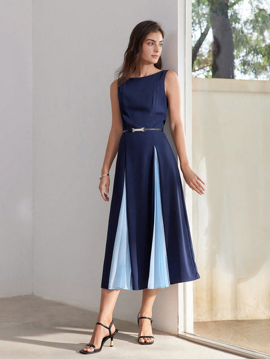 CM-DS678337 Women Elegant Seoul Style Round Neck Sleeveless Two Tone Pleated Panel Dress - Blue