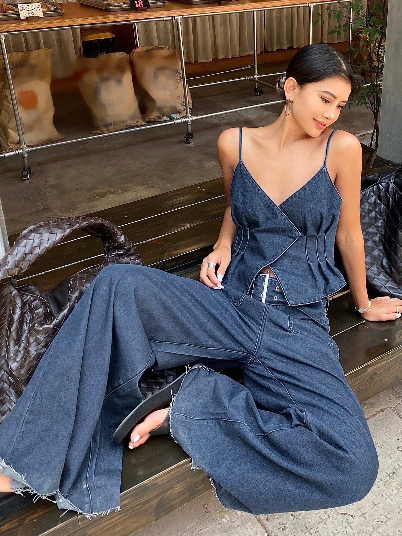 CM-SS045061 Women Casual Seoul Style Spaghetti Strap Sleeveless Top With Wide-Leg Jeans - Set