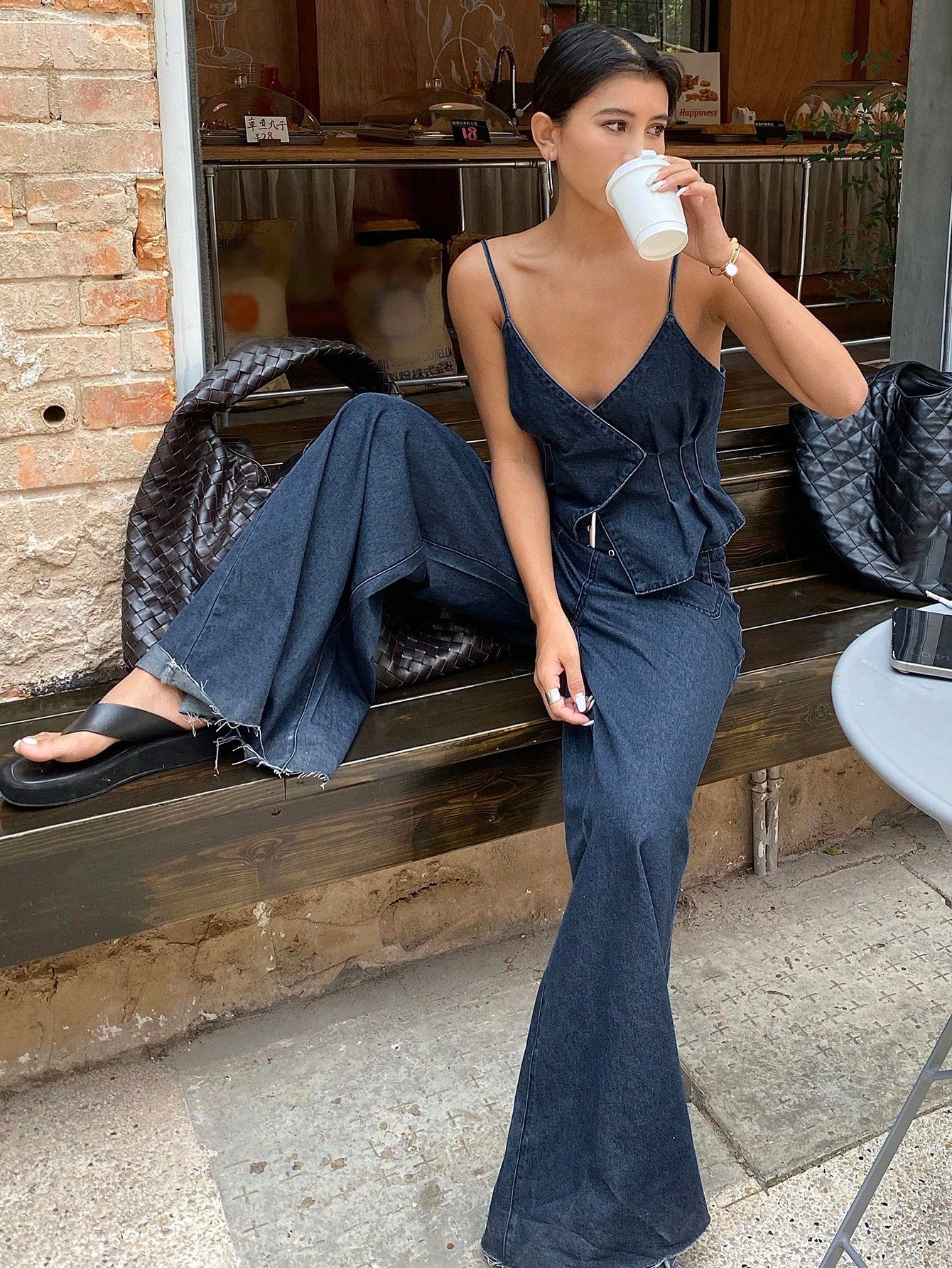 CM-SS045061 Women Casual Seoul Style Spaghetti Strap Sleeveless Top With Wide-Leg Jeans - Set