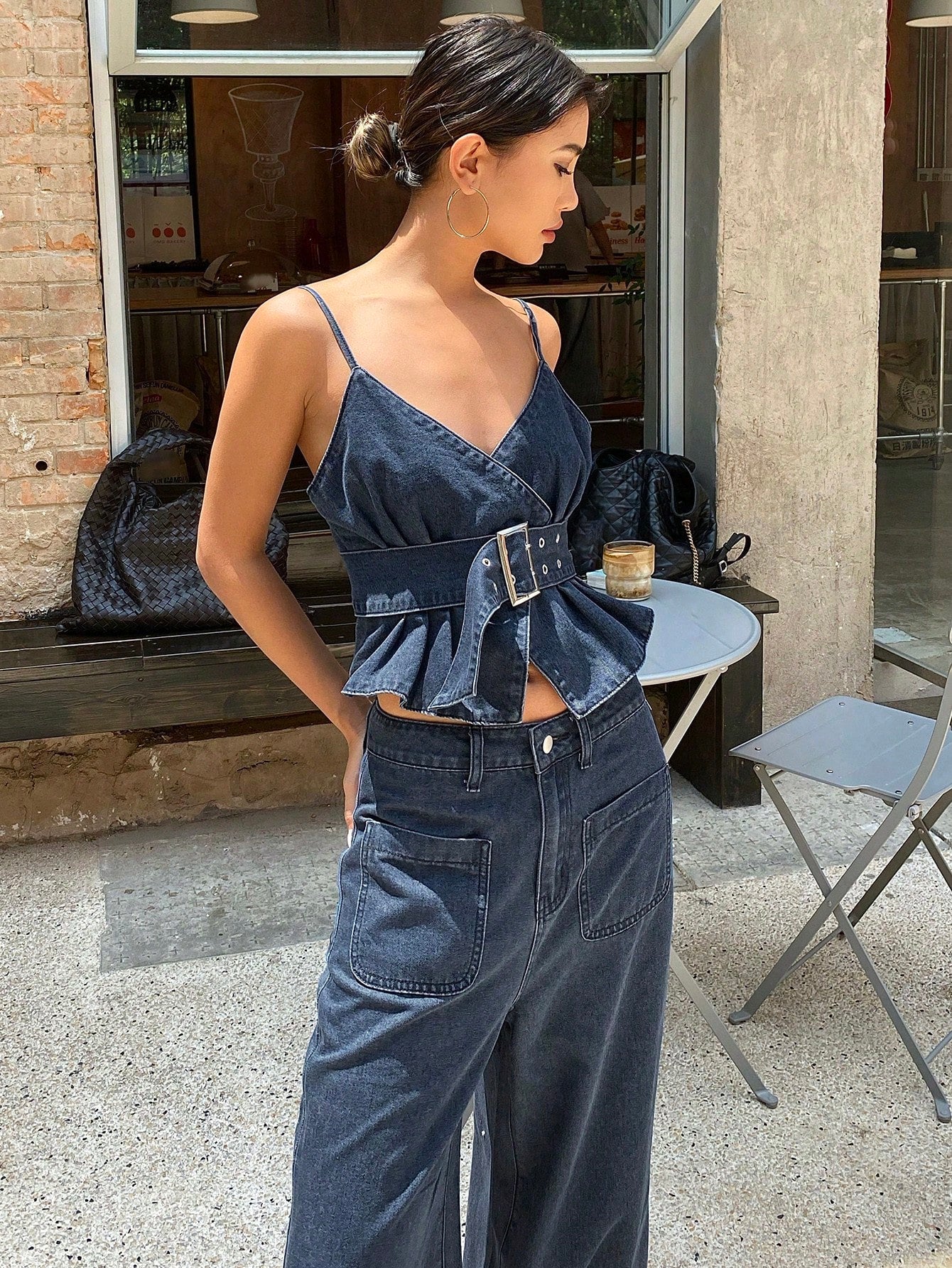 CM-SS045061 Women Casual Seoul Style Spaghetti Strap Sleeveless Top With Wide-Leg Jeans - Set