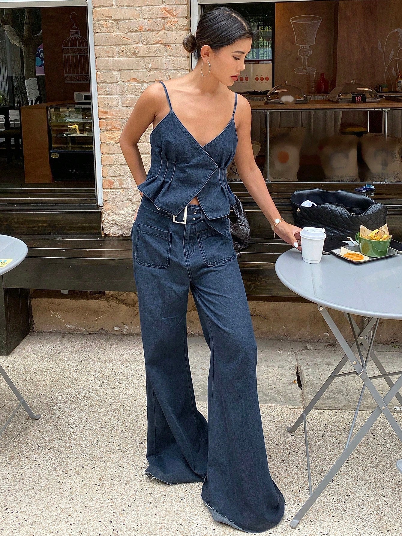 CM-SS045061 Women Casual Seoul Style Spaghetti Strap Sleeveless Top With Wide-Leg Jeans - Set