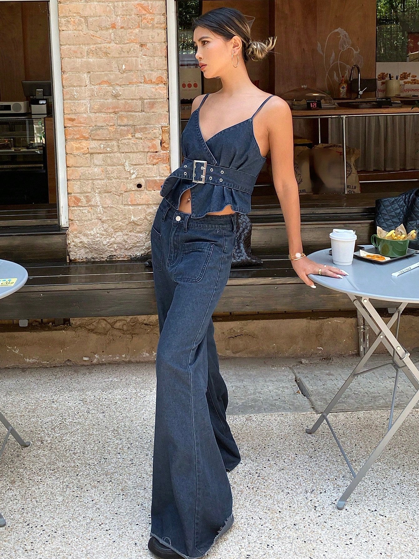 CM-SS045061 Women Casual Seoul Style Spaghetti Strap Sleeveless Top With Wide-Leg Jeans - Set