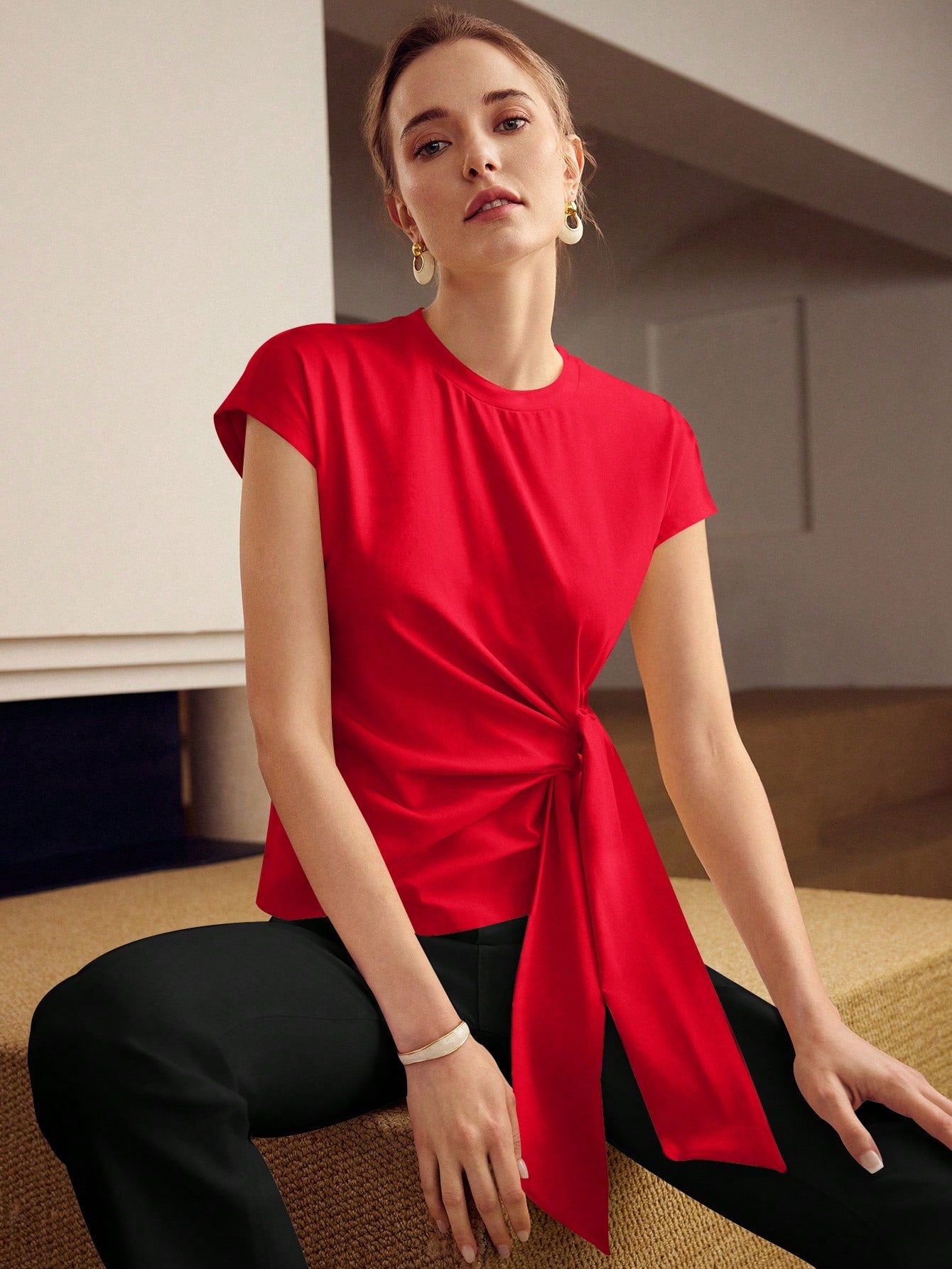 CM-TS626404 Women Casual Seoul Style Round Neck Batwing Sleeve Knot Front Tee - Red