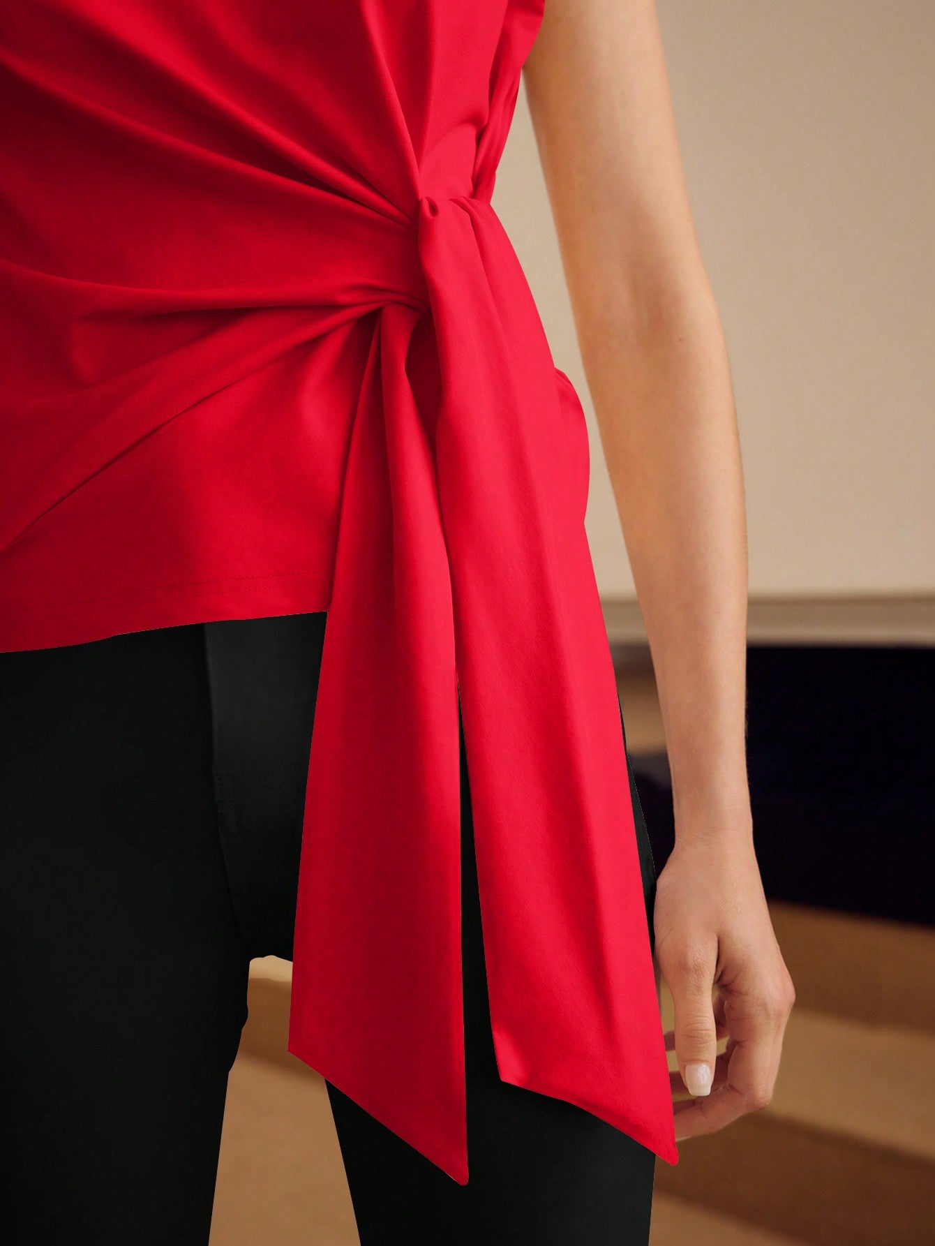 CM-TS626404 Women Casual Seoul Style Round Neck Batwing Sleeve Knot Front Tee - Red