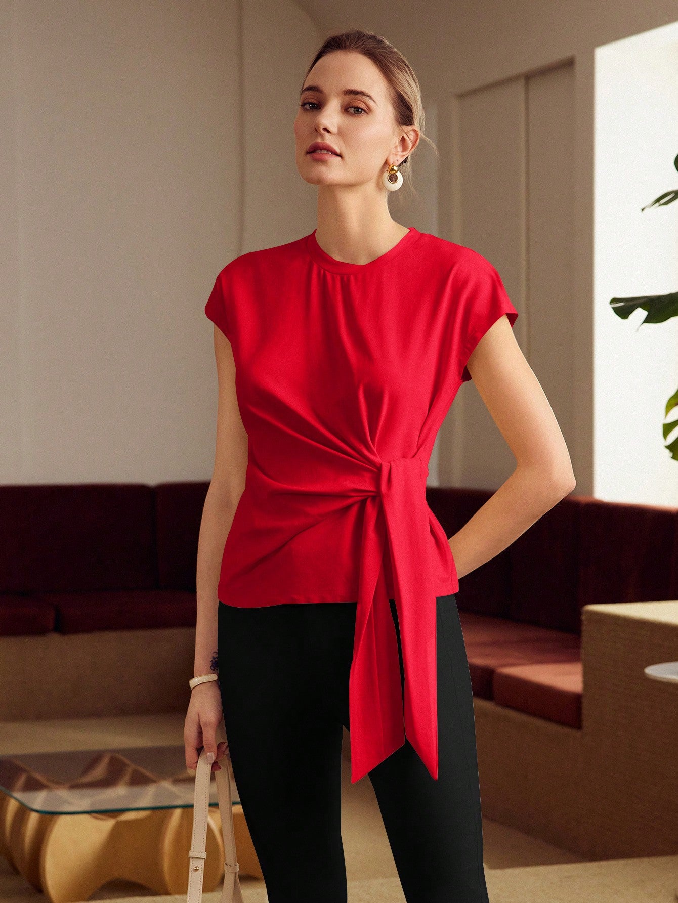 CM-TS626404 Women Casual Seoul Style Round Neck Batwing Sleeve Knot Front Tee - Red