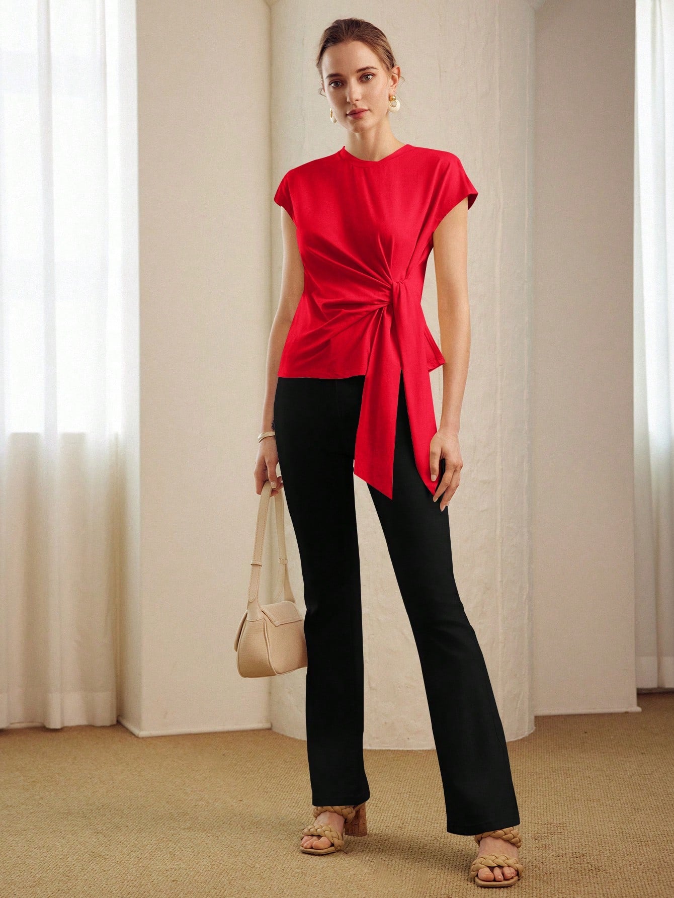CM-TS626404 Women Casual Seoul Style Round Neck Batwing Sleeve Knot Front Tee - Red
