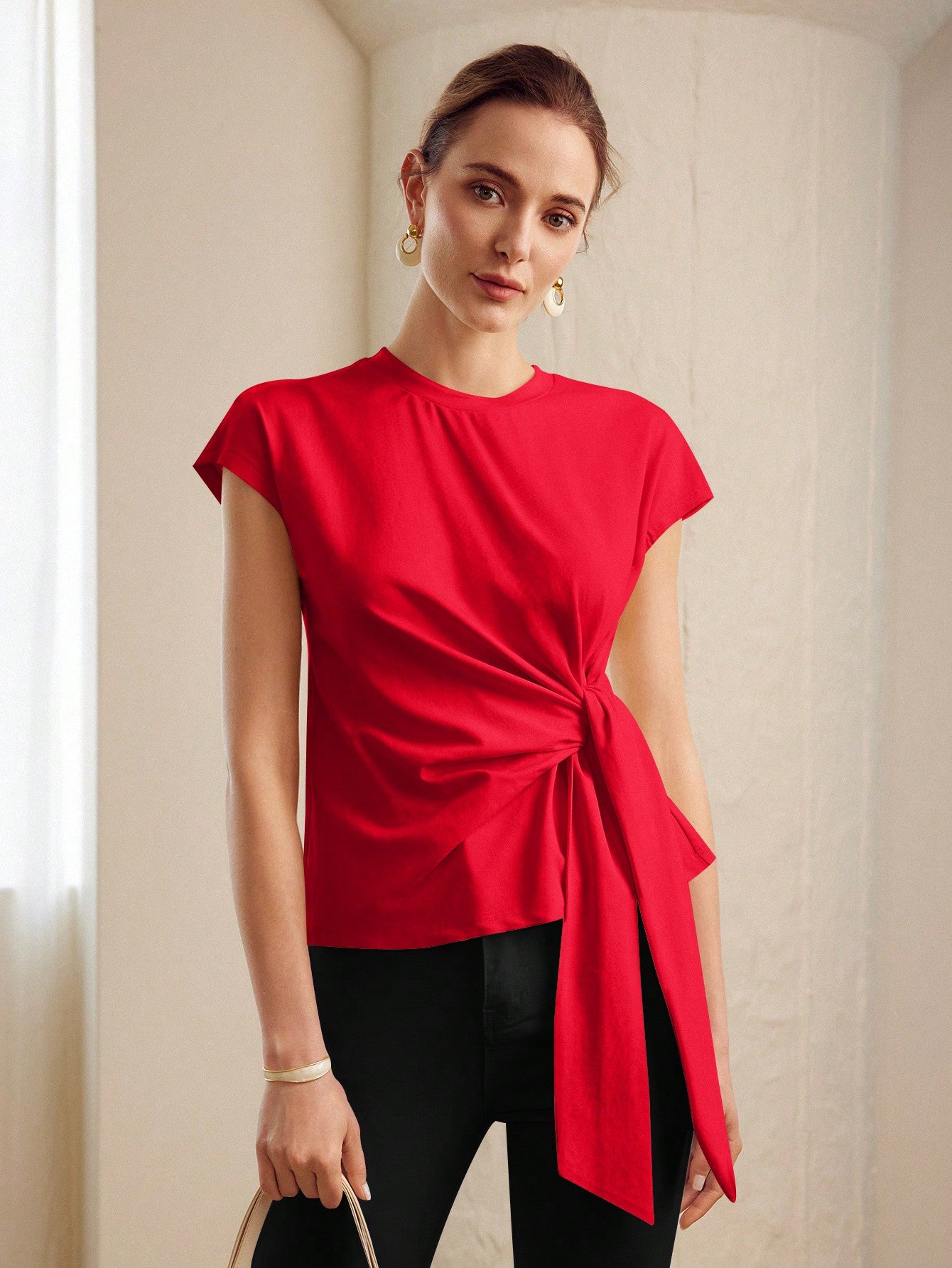 CM-TS626404 Women Casual Seoul Style Round Neck Batwing Sleeve Knot Front Tee - Red