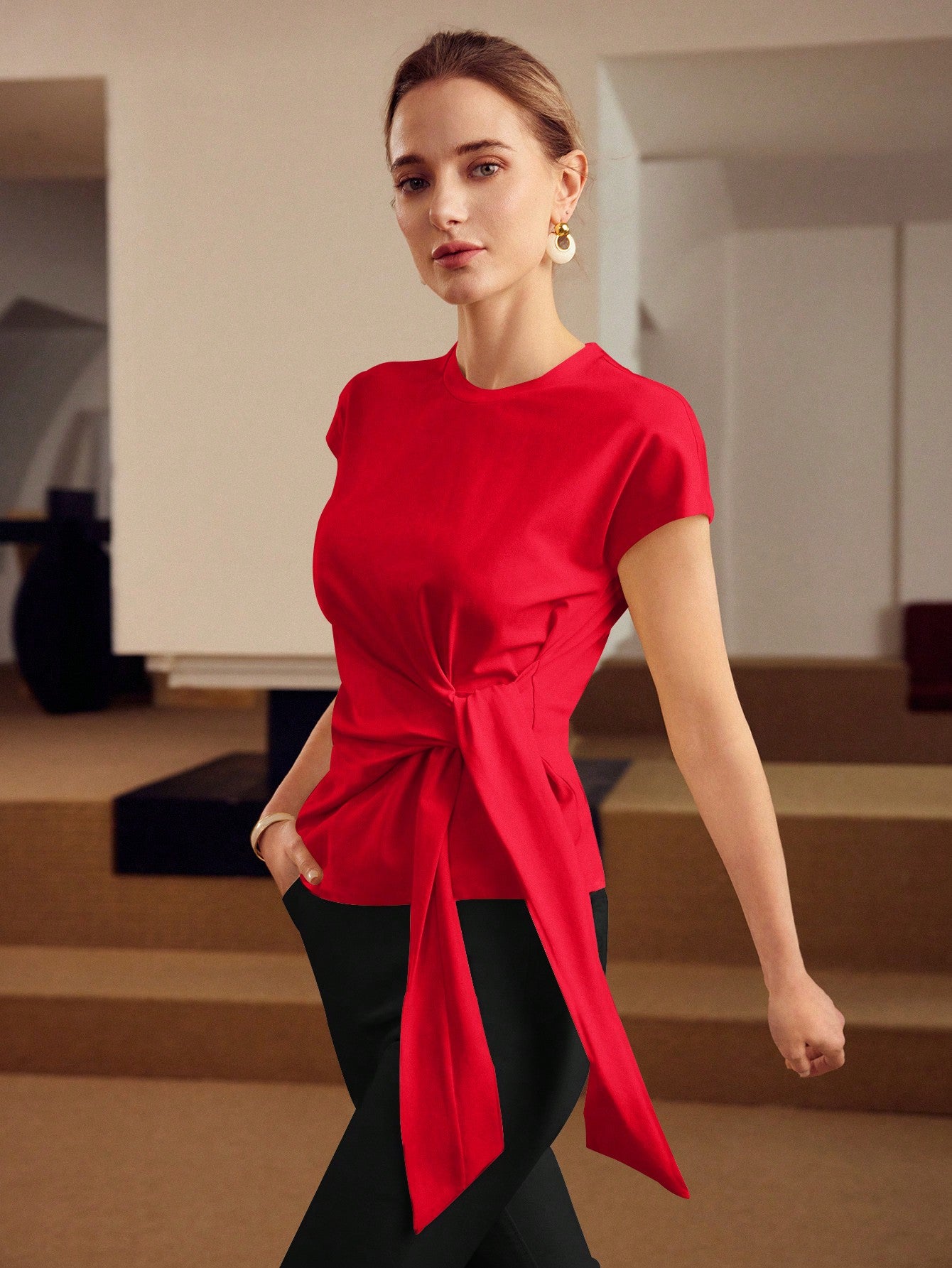 CM-TS626404 Women Casual Seoul Style Round Neck Batwing Sleeve Knot Front Tee - Red