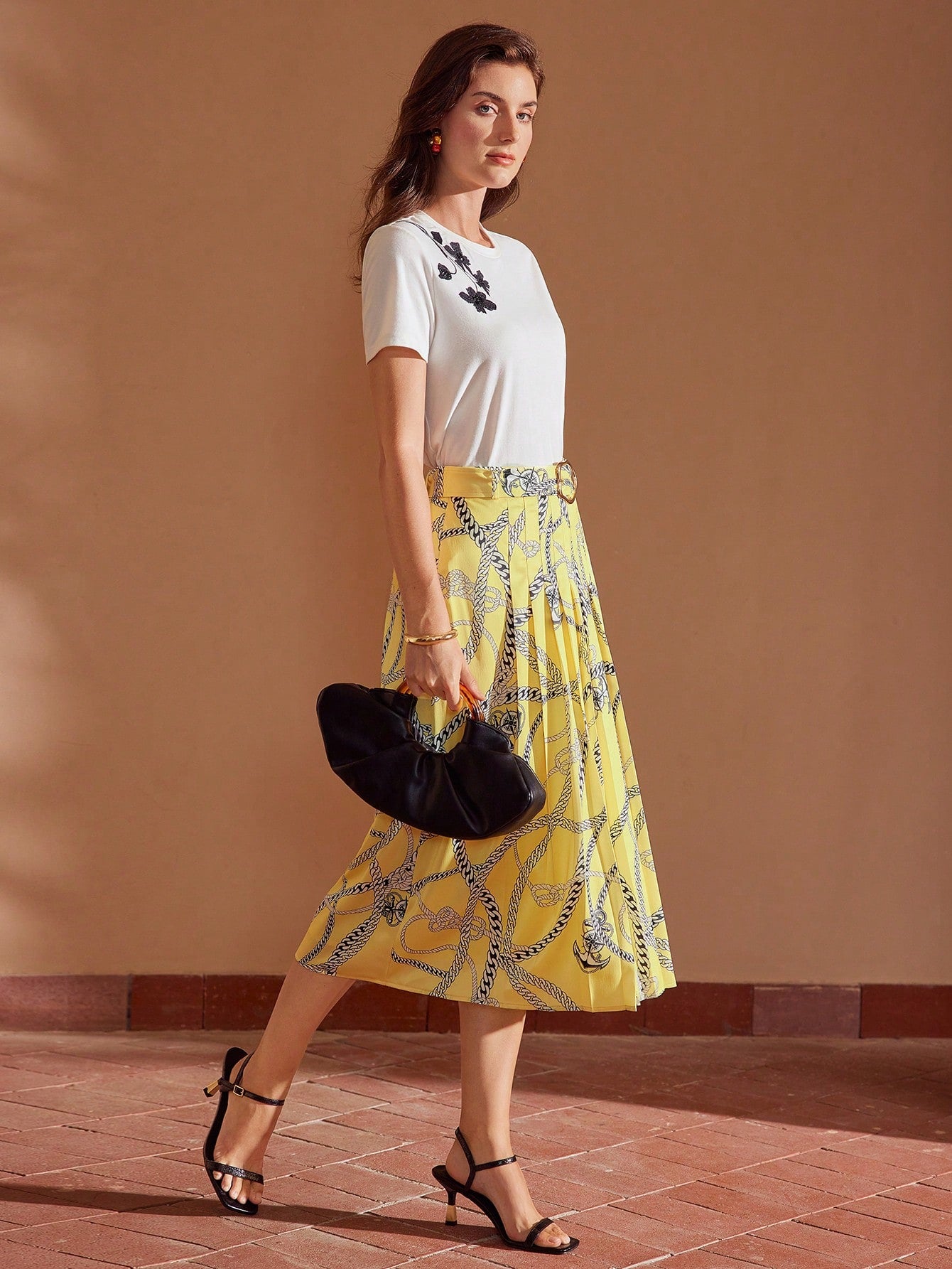 CM-BS140691 Women Elegant Seoul Style Chain Print Buckle Belted Split Thigh Pleated Skirt - Yellow