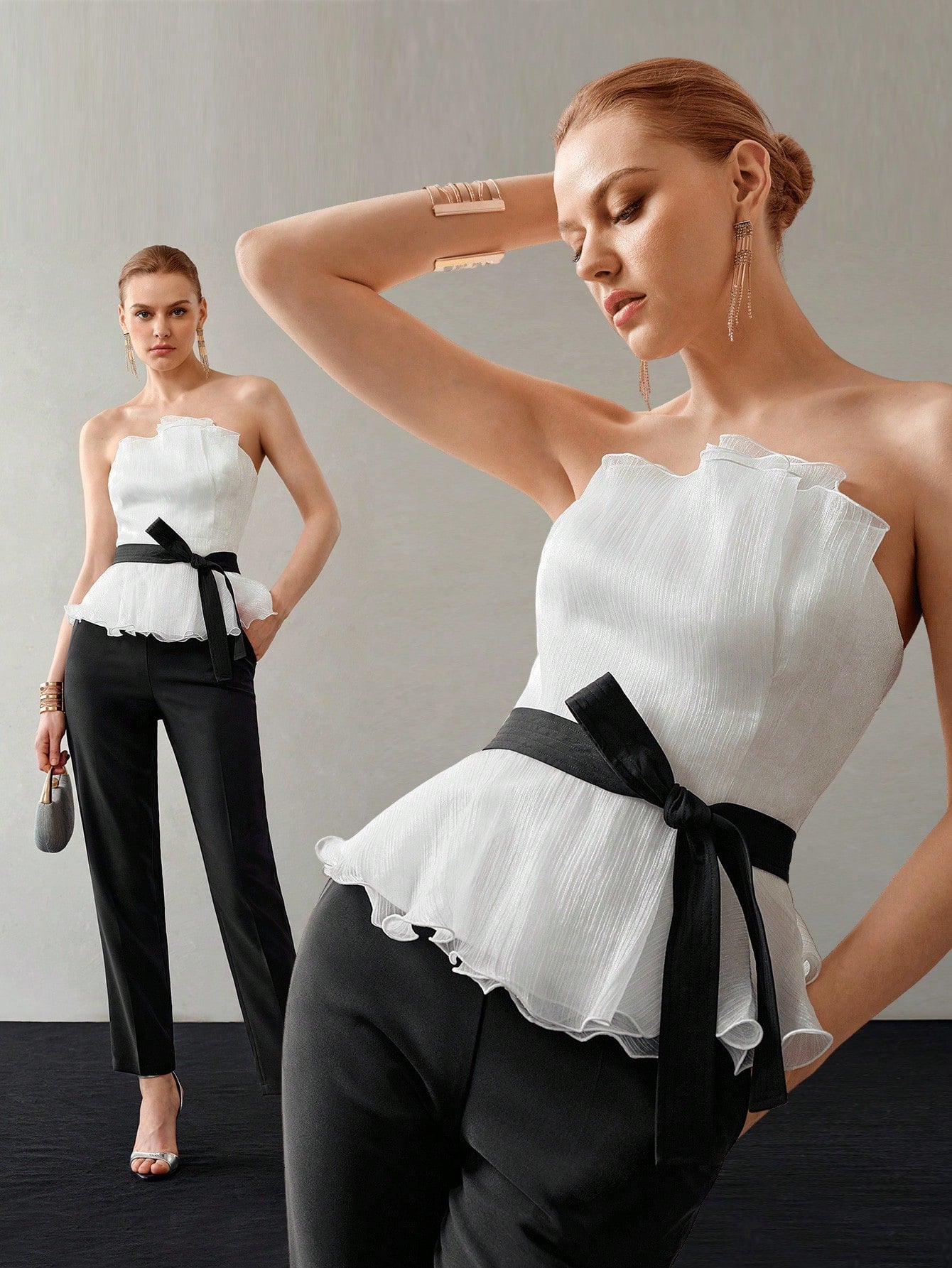 CM-TS166853 Women Elegant Seoul Style Colorblock Plisse Ruffle Hem Belted Tube Top