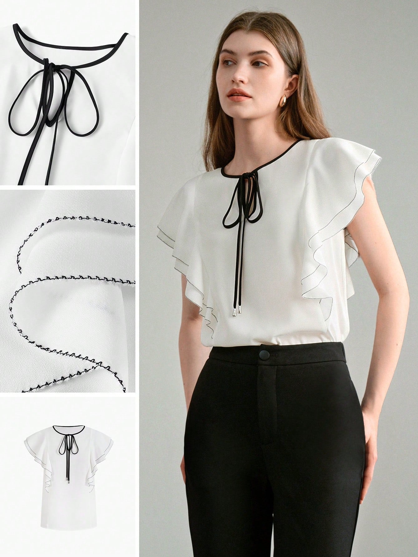 CM-TS568116 Women Elegant Seoul Style Colorblock Tie Neck Ruffle Armhole Short Sleeve Blouse