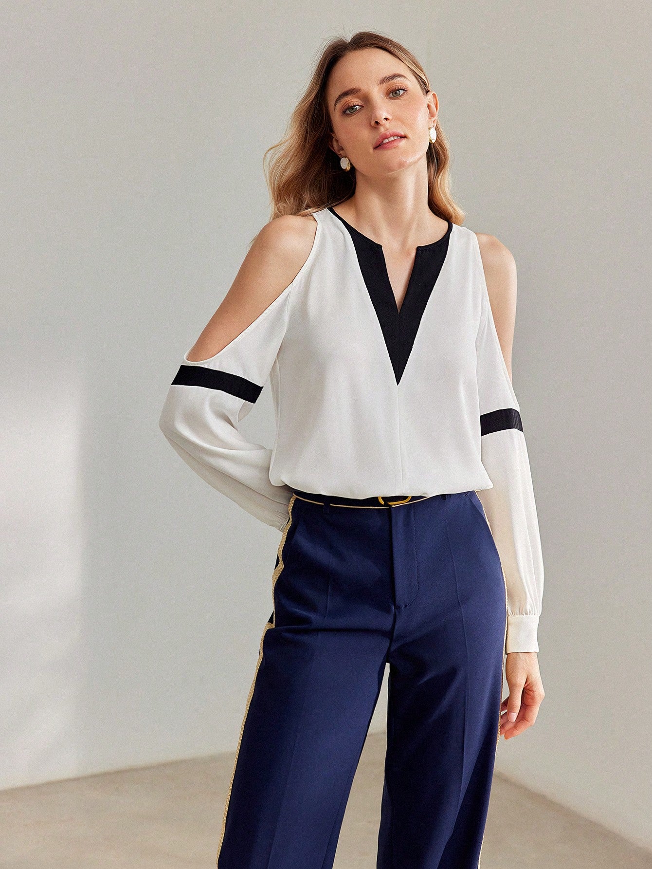 CM-TS993011 Women Elegant Seoul Style Two Tone Notch Neckline Cold Shoulder Blouse