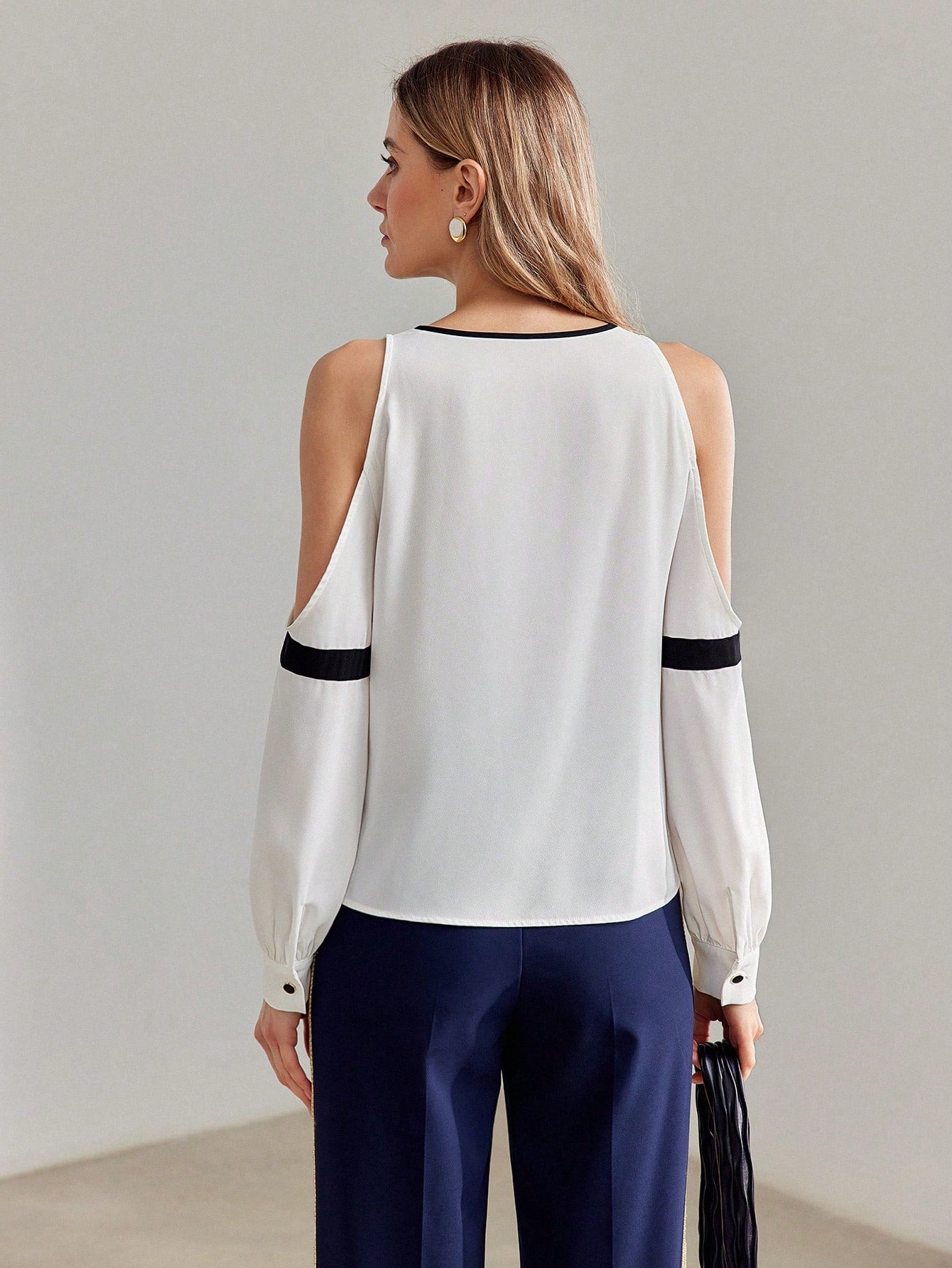 CM-TS993011 Women Elegant Seoul Style Two Tone Notch Neckline Cold Shoulder Blouse