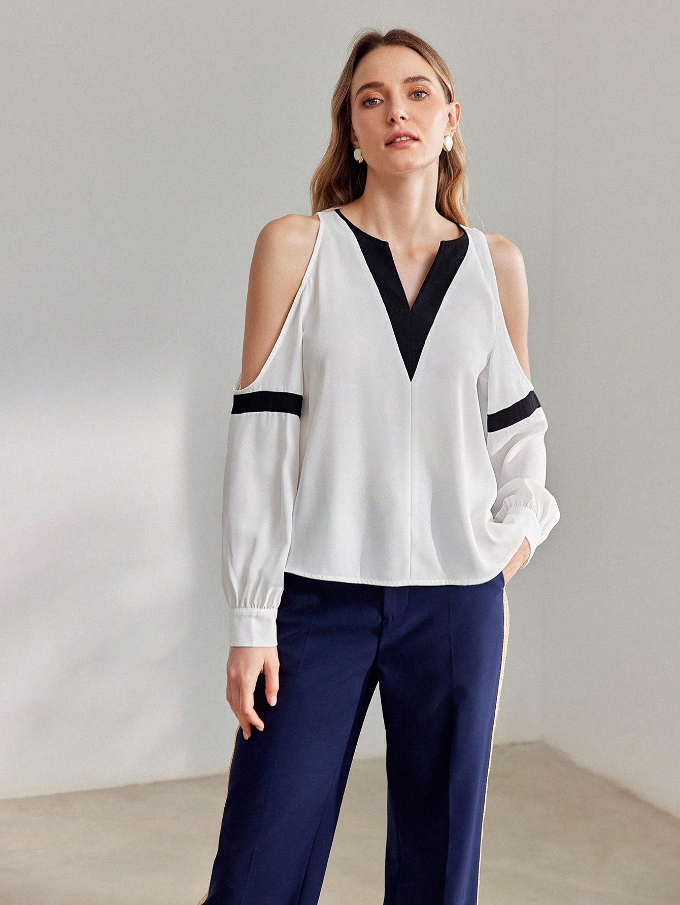 CM-TS993011 Women Elegant Seoul Style Two Tone Notch Neckline Cold Shoulder Blouse
