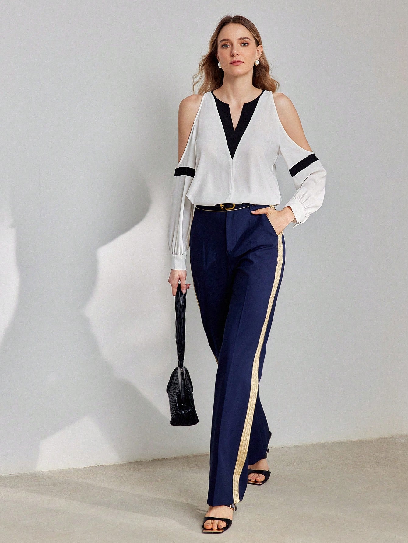 CM-TS993011 Women Elegant Seoul Style Two Tone Notch Neckline Cold Shoulder Blouse