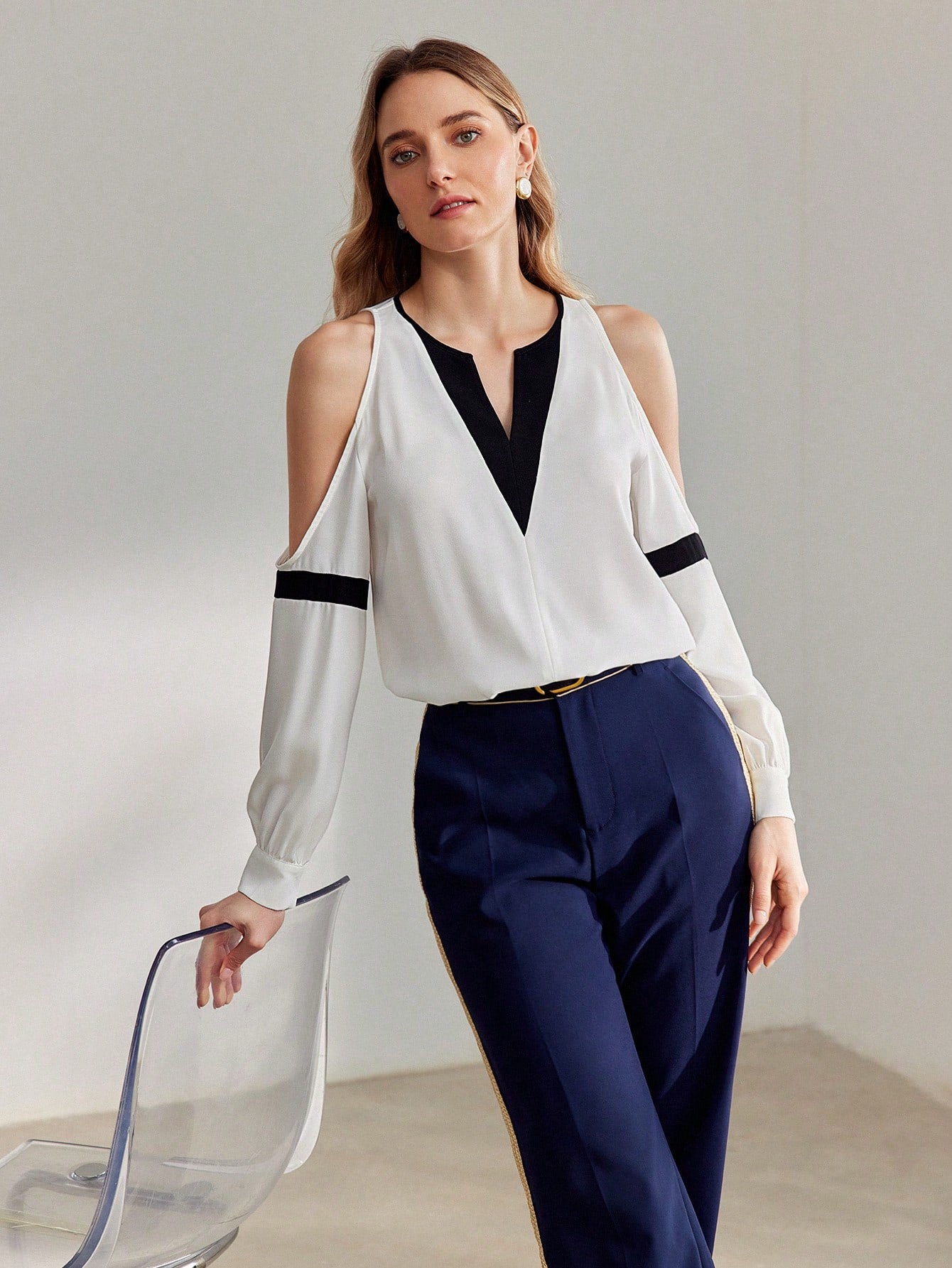 CM-TS993011 Women Elegant Seoul Style Two Tone Notch Neckline Cold Shoulder Blouse