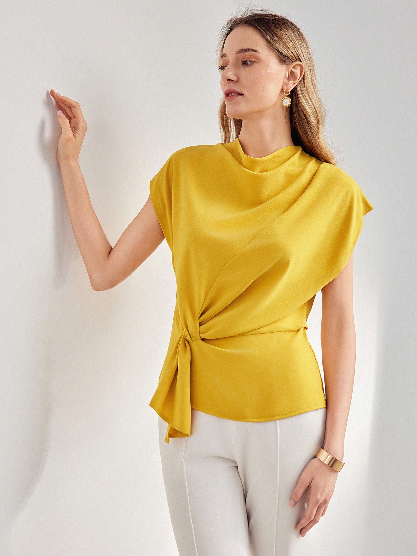 CM-TS072259 Women Elegant Seoul Style Solid Cowl Neck Batwing Sleeve Knot Side Blouse - Yellow