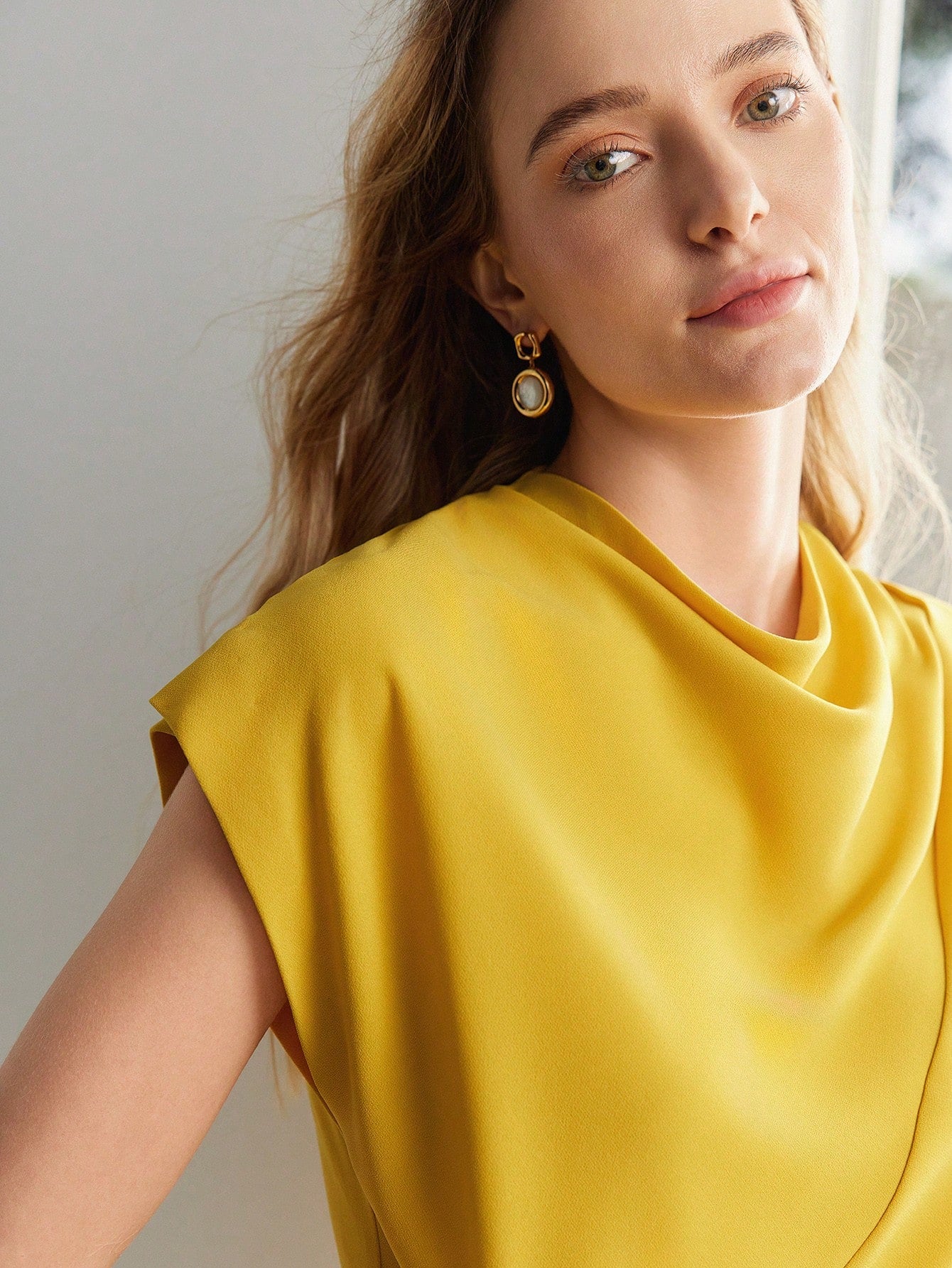 CM-TS072259 Women Elegant Seoul Style Solid Cowl Neck Batwing Sleeve Knot Side Blouse - Yellow