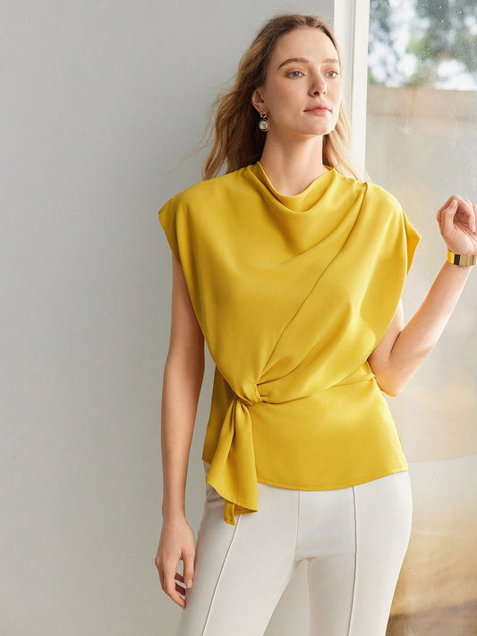 CM-TS072259 Women Elegant Seoul Style Solid Cowl Neck Batwing Sleeve Knot Side Blouse - Yellow