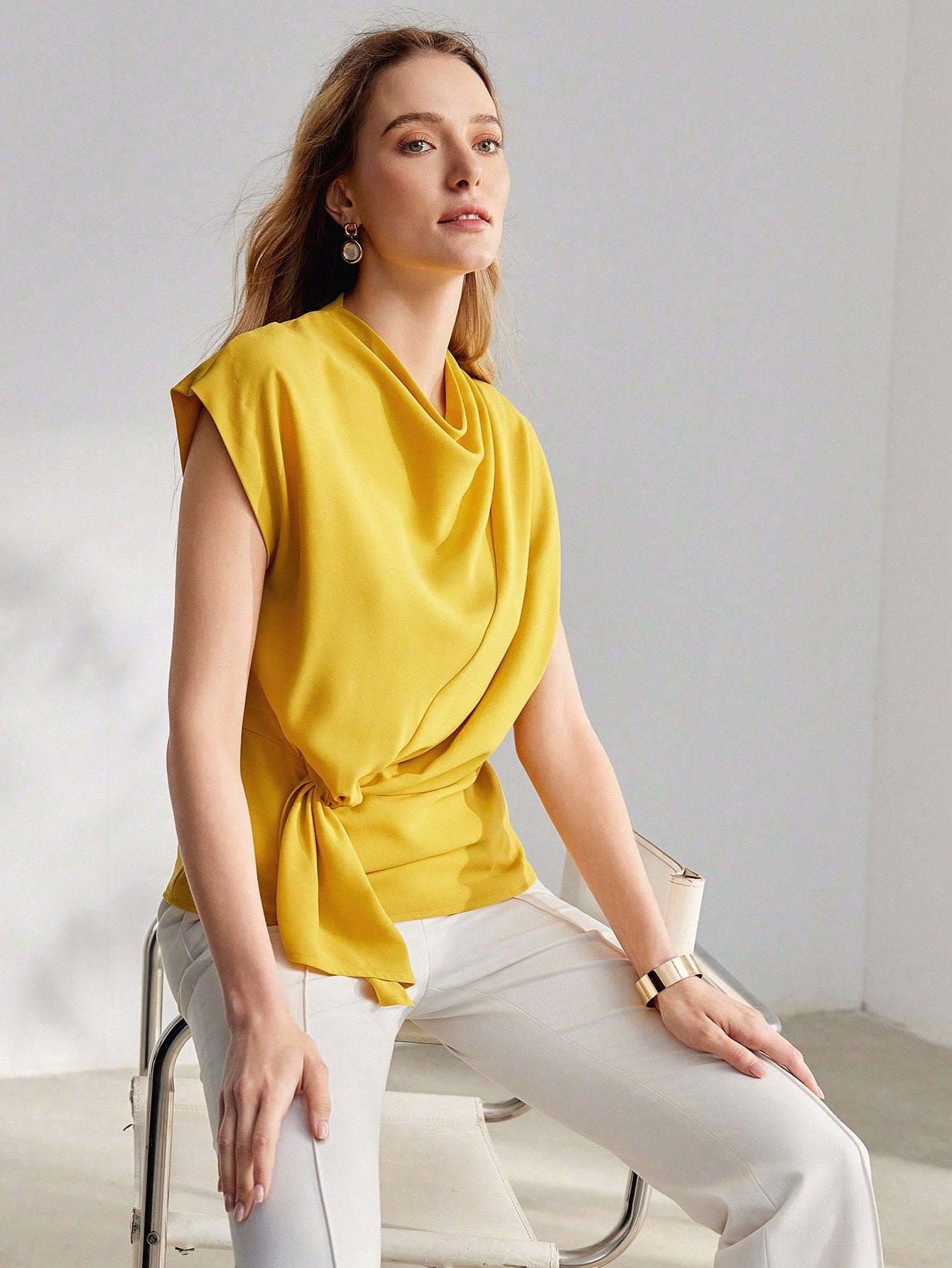 CM-TS072259 Women Elegant Seoul Style Solid Cowl Neck Batwing Sleeve Knot Side Blouse - Yellow